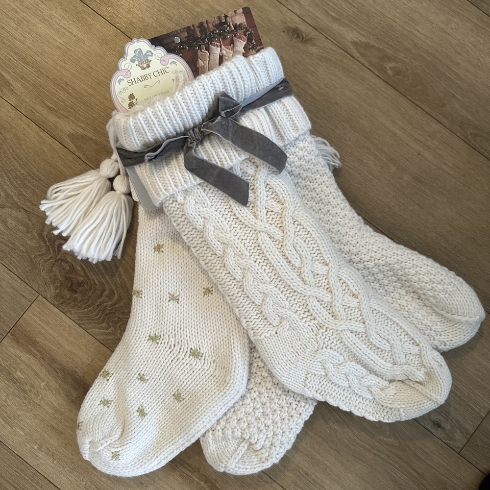 Shabby‎ Chic Chunky Knit Holiday Stockings Cream Set of Four NEW